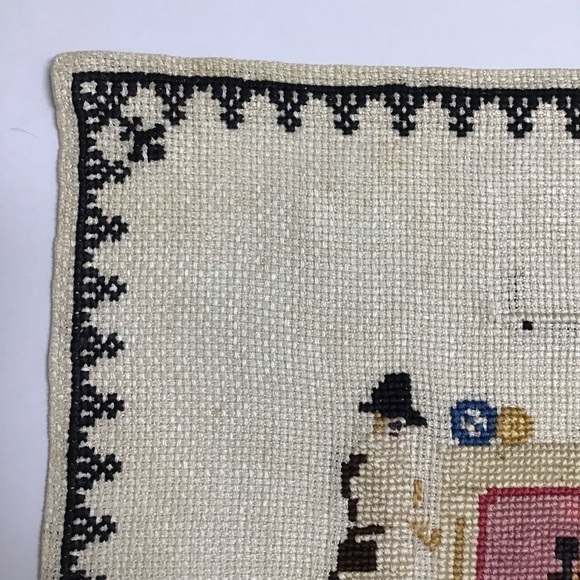 Americana Cross Stitch Colonial Pilgrim Doily Sampler Art Complete 11x12 Vintage - Picture 7 of 16